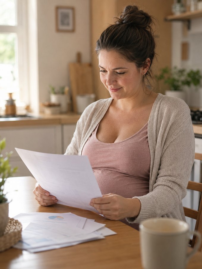 A pregnant gestational carrier reviewing paperwork at a sunlit kitchen table