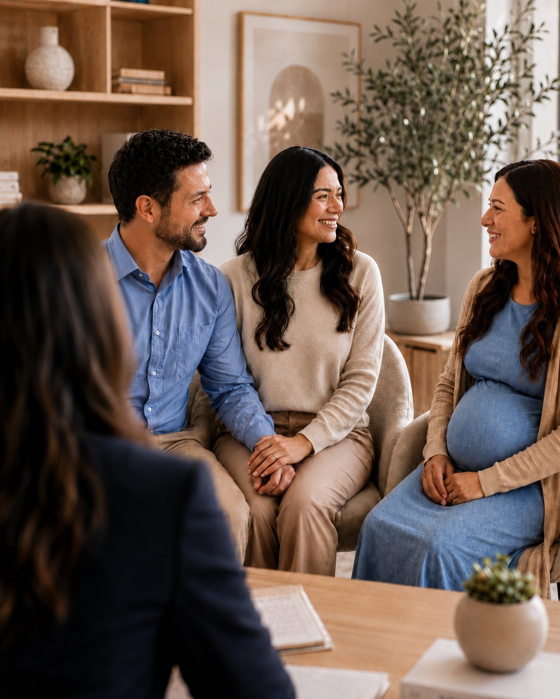 Intended parents and their gestational surrogate meeting warmly with their attorney