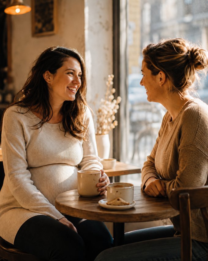 Two women sharing a warm conversation over coffee