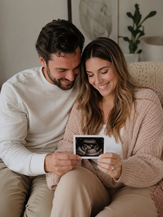 Intended parents smiling together while looking at a sonogram photo